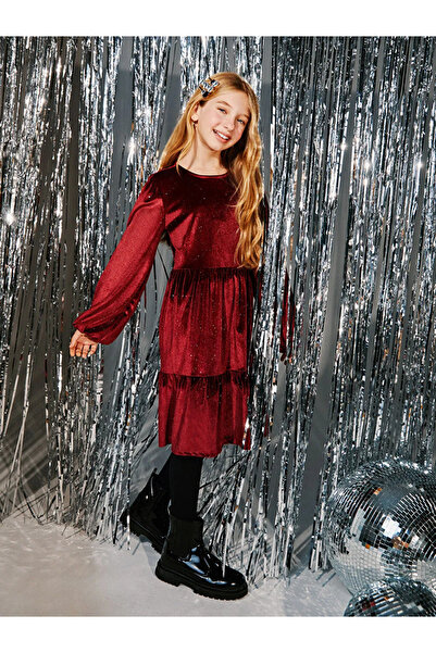 LC Waikiki LCW Kids Bordo Bisiklet Yaka Kadife Kız Çocuk Elbise