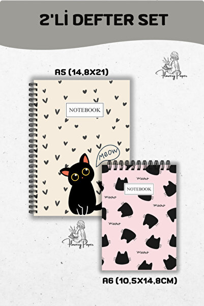 Flowery Paper 2'Li Telli Defter Seti A5 ve A6 , 80 Yaprak 160 Sayfa Notepad, Memopad,Okul Defteri,Konsept Defter