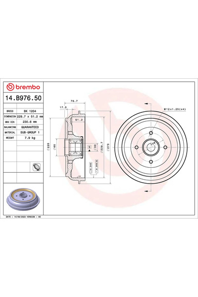 Brembo Tambur Frana Citroen C3 2/C3 3/DS3 Ds Ds 3