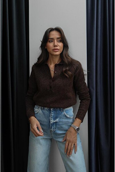 Havoş Kahverengi Dufva Polo Yaka Yumuşak Dokulu Kazak