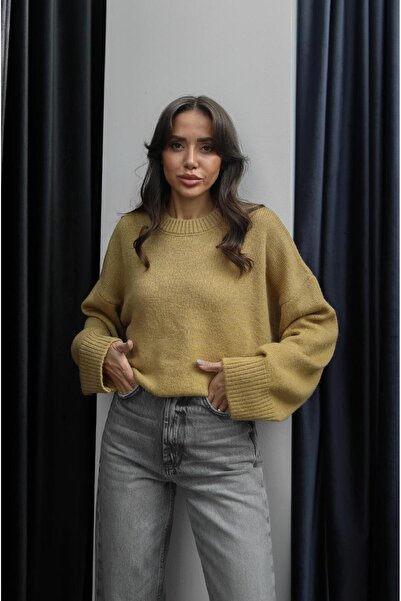 Havoş Hardal Mary Bisiklet Yaka Oversize Triko Kazak