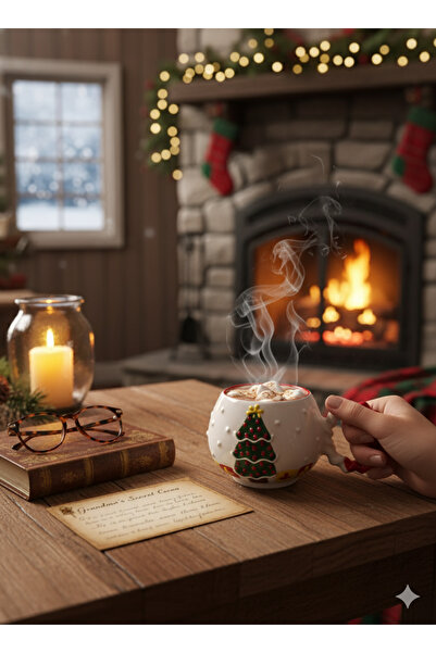 SeraCEY Knitted Handle Bubble Special Embossed Christmas Red Color Tree Patterned Handmade Ceramic Mug