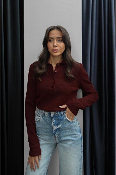 Havoş Bordo Dufva Polo Yaka Yumuşak Dokulu Kazak