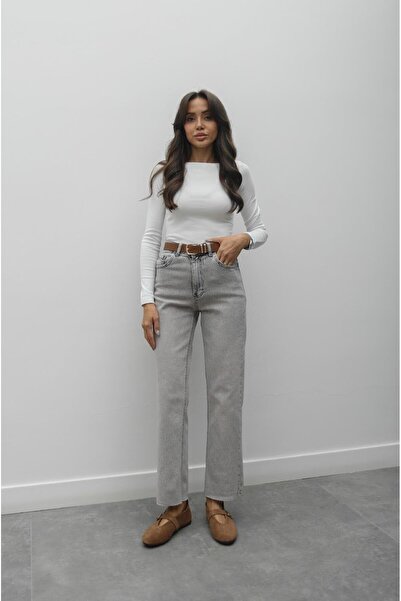Havoş Light Gray Flared Hem Belted Jeans