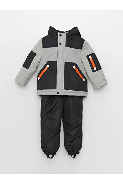LC Waikiki LCW baby Gri Kapüşonlu Uzun Kollu Erkek Bebek Kayak Mont Ve Kayak Tulum 2'li Takım