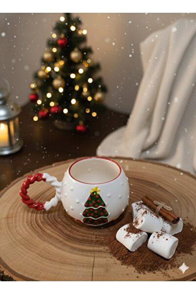 SeraCEY Knitted Handle Bubble Special Embossed Christmas Red Color Tree Patterned Handmade Ceramic Mug