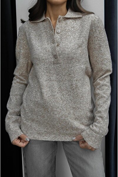 Havoş Bej Dufva Polo Yaka Yumuşak Dokulu Kazak