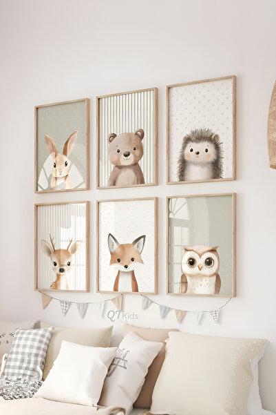 Posteria 6'lı Orman Hayvan Baskıları, Cinsiyet Ayrımı Olmayan Fidanlık, Çerçe...