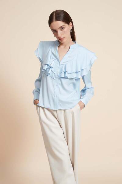 Yola Solid Long Sleeve Ruffled Blouse
