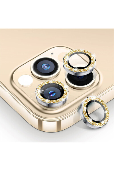Choice 16 Pro - 16 ProMax Diamond Gold 3Pcs Glitter Diamond Caps Metal Lens Protector for IPhone 16 15 14 P