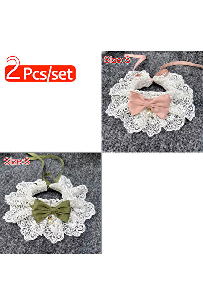 Choice طقم من قطعتين من طوق فيونكة قطط لطيف من الدانتيل مزين بالزهور وربطة عنق على شكل فيونكة ومريلة للحيوانات الأليفة للقطط الداخلية