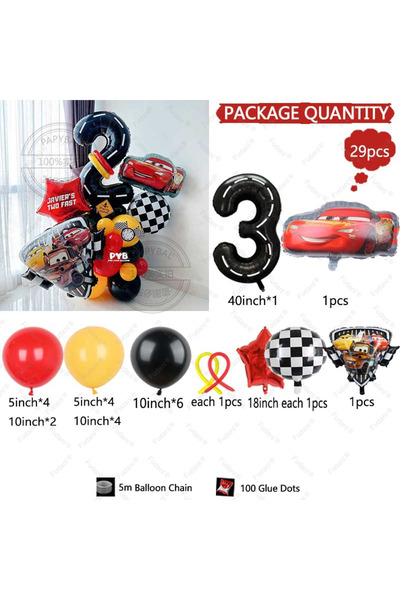 Miniso 40inch 3 29pcs Cartoon Lightning McQueen Car Theme Balloon Set With Red Yellow Black Latex Balloon B