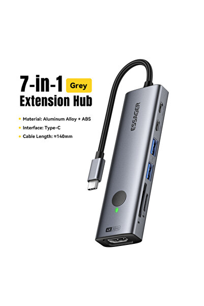 essager موزع USB-C رمادي 7 في 1، موزع 4K 7 في 1 من النوع C إلى HDMI PD 100 واط SD&TF USB 3.0 5Gbps متعدد المنافذ Ada