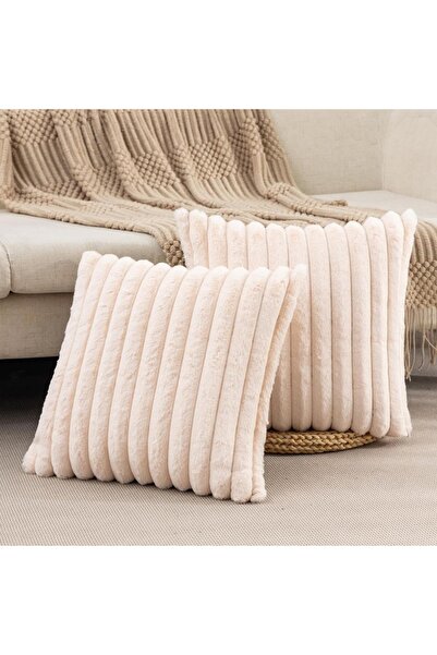 Choice غطاء وسادة مربع من فرو الأرنب الصناعي بلون المشمش، كبير وسميك، مخطط، ن...