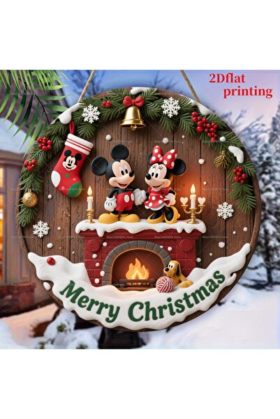 Miniso 20cmX20cm MB-0616 1Pc Merry Christmas Disney Mickey Minnie Sign Personalized Round Wood Hanging Plaq