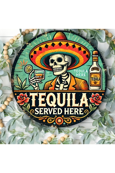 HELLOYOUNG لافتة معدنية مستديرة عتيقة "يُقدّم التكيلا هنا" مقاس 20×20 سم TYA5...