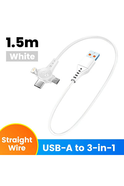 Choice 1.5 متر أبيض مستقيم 120 واط 3 في 1 كابل USB C كابل بيانات قابل للسحب ب...