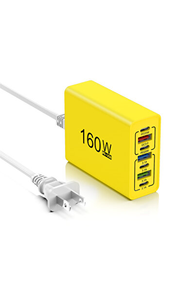 Choice شاحن USB متعدد المنافذ بقوة 160 واط، مزود بقابس أمريكي أصفر، من النوع C، شاحن سريع للهواتف الذكية (آيفون).