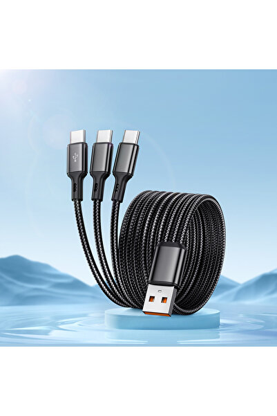 Choice كابل شحن سريع 3 في 1 أسود بطول 1.2 متر، 6 أمبير من USB إلى 3 أنواع C، كابل شحن عالي السرعة، نقل بيانات سريع