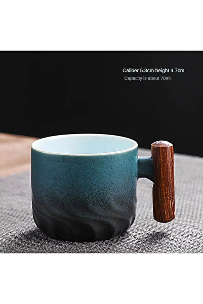 Choice كوب قهوة سيراميكي أزرق مصنوع يدويًا بسعة 200 مل مع مقبض خشبي - كوب شاي...