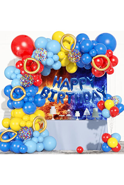 Choice مجموعة لوازم حفلات أعياد الميلاد الكرتونية من طراز آخر، مكونة من 123 قطعة، تتضمن إكليل بالونات سونيك باللونين الأحمر والأصفر والأزرق