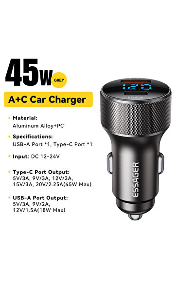 essager شاحن سيارة رمادي اللون بمنفذ USB-C، بقوة 45 واط، مزود بمنفذين، يدعم ت...