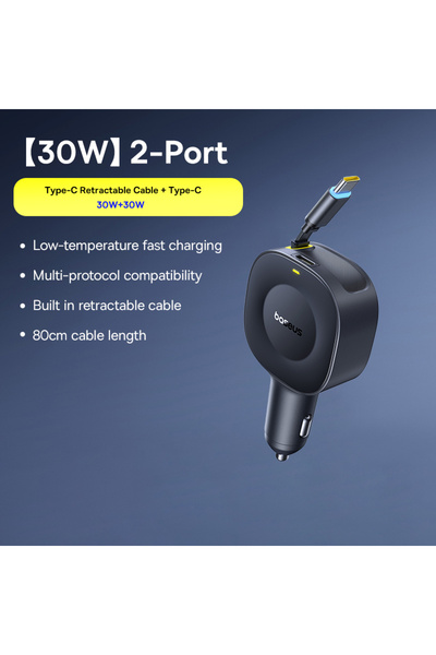 Baseus Black 30W Car Charger Type-C Fast Retractable Cable USB-C Quick Charging 360° Rotation For iP