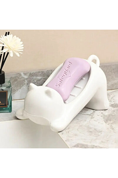 Choice طبق صابون أبيض لطيف على شكل قطة كرتونية مع حامل بلاستيكي للصرف للحمام،...