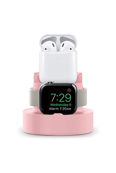 Choice حامل سيليكون وردي جديد مطور 2 في 1 لساعة آيفون وسماعات AirPods وقاعدة ...