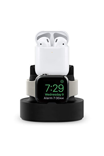 Choice حامل شحن سيليكون أسود 2 في 1 لساعة آيفون وقاعدة شحن لاسلكي لسماعات Air...