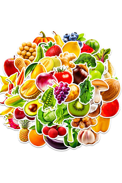 Choice مجموعة ملصقات فواكه وخضراوات زاهية من 50 قطعة، عنب، كرز، جزر، بروكلي، ...