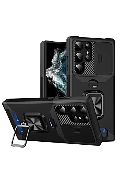 Choice جراب أسود اللون مزود بفتحة للبطاقات وحامل حلقي لهاتف Galaxy S24 Ultra،...