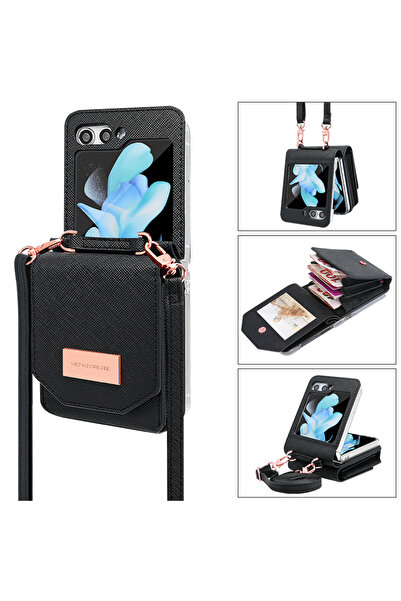 Choice جراب هاتف محمول أسود من فيتاو مزود بفتحات للبطاقات، مناسب لهاتف سامسونج Z Flip 6، مع حبل تعليق.