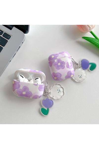 Choice حافظة بلوتوث لاسلكية بنفسجية لأجهزة AirPods 4 و AirPods 1 و 2 و 4 و 3 و AirPods pro و pro2 بنمط زهور ناعمة