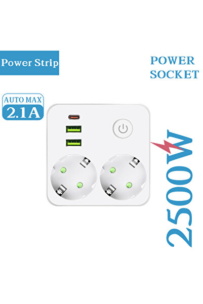 Choice EU Plug White EU Plug Power Strip with 2 AC Outlets +2 USB+1 Type-C Ports, Wall Charger Power Socket