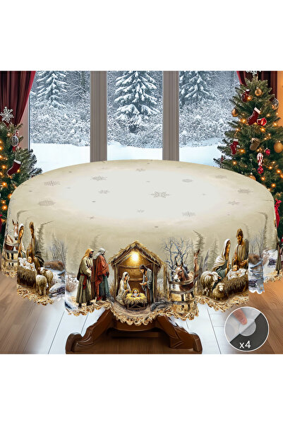 Choice مفرش طاولة دائري (152) سم S553 قطعة واحدة لعيد الميلاد مع مشهد المهد، ديكور حفلات منزلية للأماكن الداخلية