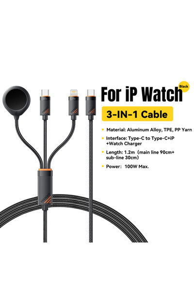 essager كابل شحن USB C أسود 3 في 1 بطول 1.2 متر وقوة 100 واط لساعة آي ووتش وآ...