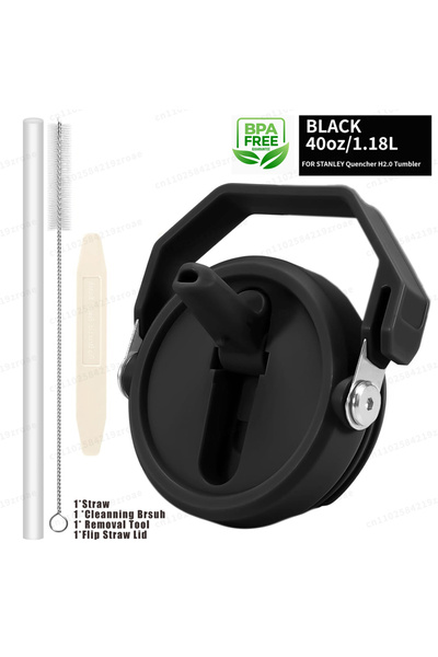 Choice غطاء أسود قابل للطي من القش سعة 40 أونصة لكوب ستانلي سعة 40 أونصة، غطاء مقاوم للتسرب محمول بمقبض قابل للفصل بلون مطابق