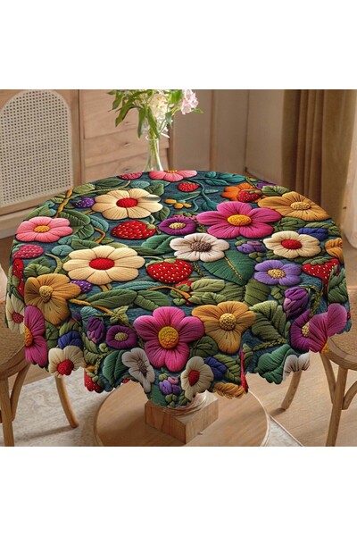Choice 152x152cm H136 1 Piece of Spring Floral Print Tablecloth, Colorful Florals, Strawberry Pattern, Edge