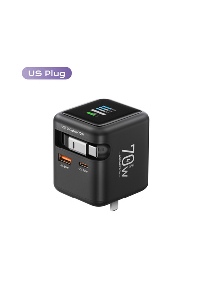 Choice شاحن سريع GaN بقوة 70 وات بمقبس أمريكي مع كابل قابل للسحب من النوع C 3...