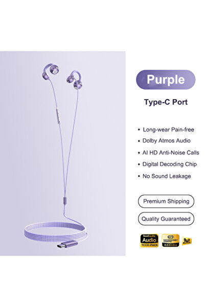 Choice سماعات رأس رياضية أرجوانية من النوع C بمشبك وتحكم سلكي مقاس 3.5 مم، صوت عالي الدقة، سماعات أذن بدون استخدام اليدين للألعاب