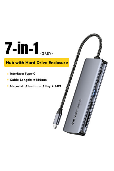 essager موزع USB C رمادي اللون 7 في 1 مع حاوية قرص صلب M.2 SSD، 6/7 في 1، يدع...