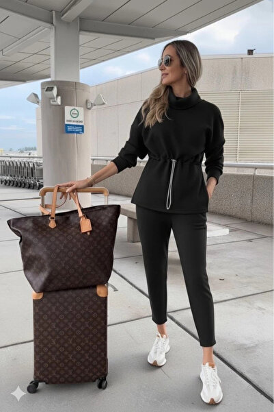 trend_ermege Women's Long Sleeve Turtleneck Modal Blouse and Pants Two-Piece Set with Elastic Waist