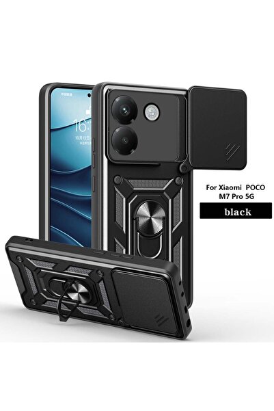 Choice جراب أسود مقاوم للصدمات لهاتف Poco M7 pro 5G مع حامل سيارة وعدسة كامير...