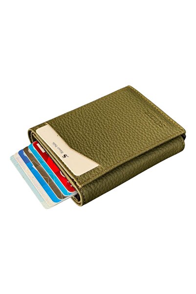 S.S SÜZER DERİ Khaki Automatic Mechanism Tri-Fold Genuine Leather Credit Card Holder - 3007-Khaki