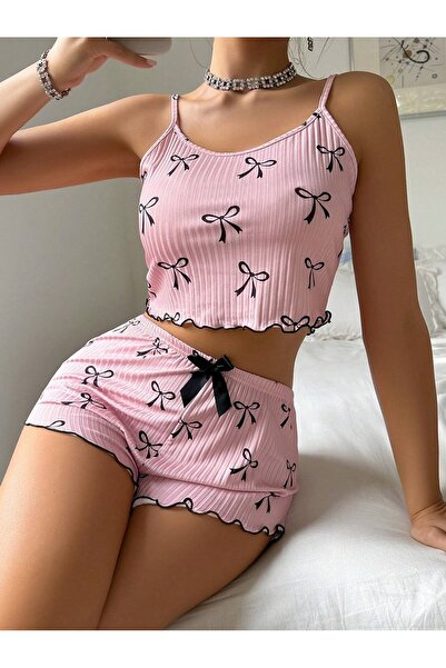 bamido Women's Black Bow Shorts Set Mini Pink Comfortable