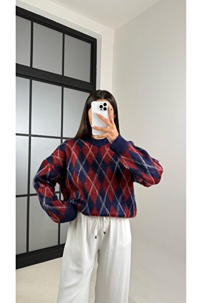 Gaus Burgundy Baklava Patterned Soft Textured Vintage Sweater Gaus-00558