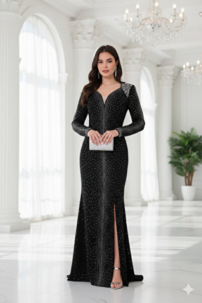 Robes Yüksek Kalite Taş Süslemeli Uzun Abiye Elbise Yandan YırtmaçlI Nişan Söz-1411