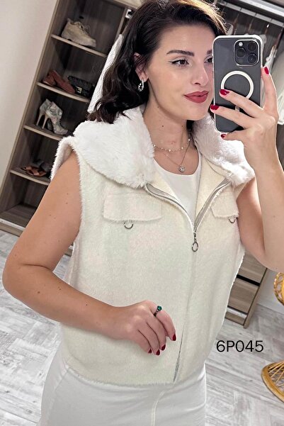 İnce Topuk Prive Series Fur Collar Bearded Knitwear Vest 6P045