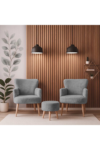 Azra Mobilya Roma Welsoft Yumuşak Kumaş 2 Berjer 1 Puf Seti – Yumuşak Dokulu Modern Konfor - GRİ